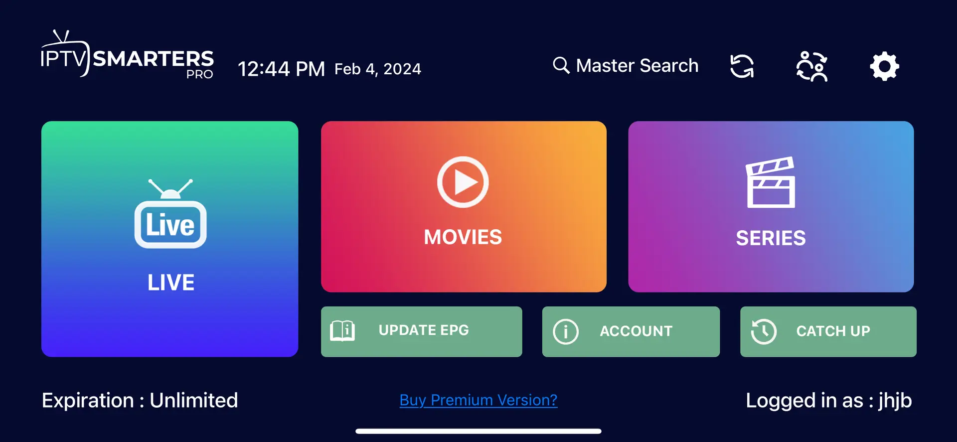 Interface IPTV Smarters Pro montrant Live TV, films, et séries - compatible avec IPTV France.